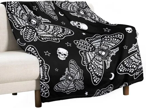 Vista 37 de Manta gótica de franela de polilla abstracta, mágica, bohemia, mariposa, esqueleto, luna, estrellas, manta estética para hombres, mujeres, niñas