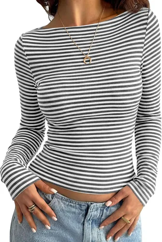 Vista 13 de PRETTYGARDEN Camisas de manga larga a rayas para mujer, tops lindos de Rayas Beige Marrón