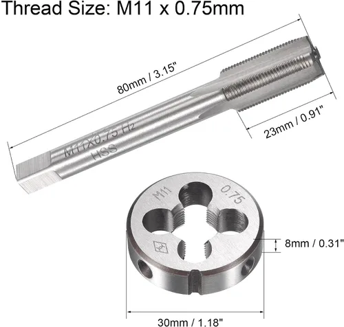 Vista 2 de uxcell M11 x 0.030 in Juego de llaves métricas y troqueles, rosca de máquina con troquel de roscado redondo, kit de grifo y troquelado
