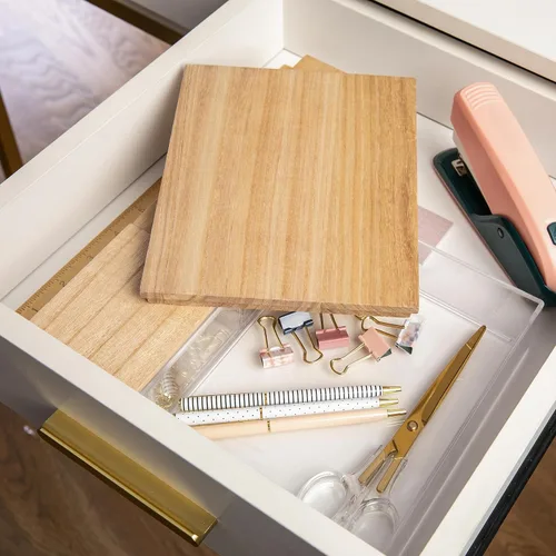 Vista 5 de Martha Stewart Brody - Contenedores organizadores de plástico con tapas de madera de paulownia para oficina en casa, cocina o baño, paquete de 3