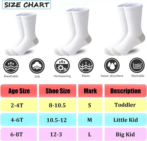 Vista 3 de Tsmollyu Calcetines deportivos de algodón acolchados para niños, 12 pares de calcetines deportivos para niños grandes de 2 a 8 años