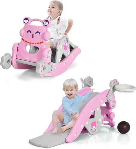 Vista 10 de Costzon - Juego de tobogán para niños pequeños de 5 en 1, juguete con columpio, tobogán para niños con taburete desmontable, aro de baloncesto