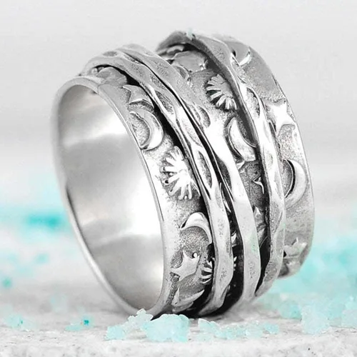 Vista 4 de Anillo giratorio con diseño de estrella de luna para mujeres, niñas y hombres, anti ansiedad, gira libremente, inspiraciones, alivio del estrés