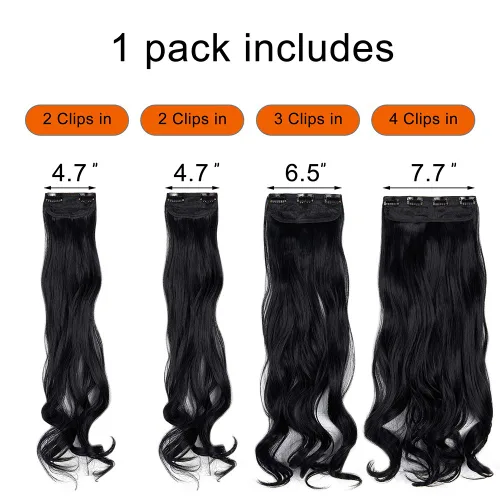 Vista 3 de Extensiones de cabello ondulado, doble trama, 7 piezas con 16 clips, largo de 24 pulgadas