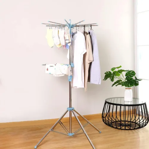 Vista 9 de Hershii Estante de secado de ropa plegable de 2 niveles para interiores y exteriores, soporte plegable para colgar ropa, ahorro de espacio