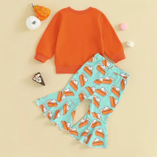 Vista 7 de DuAnyozu Traje de Halloween para bebé niña, camiseta de manga larga, camiseta con letras de calabaza, pantalones de campana, ropa de otoño + diadema