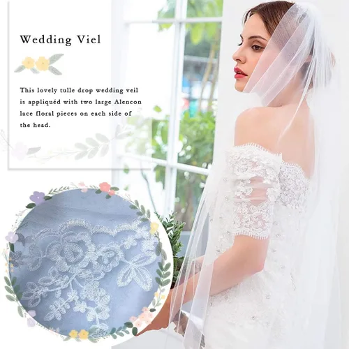 Vista 3 de Aiosy - Velo de novia con bordado, borde de encaje, con peine, longitud catedral, accesorios para el cabello
