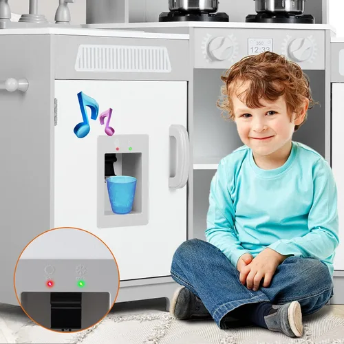 Vista 5 de JOYLDIAS Cocina de juego para niños, esquina de madera con luces y sonidos realistas, horno microondas, dispensador de agua, teléfono, fregadero