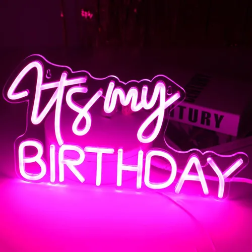 Vista 5 de Planzo Letrero de luz LED de neón con texto en inglés "It's My Birthday", letrero de pared para decoración de ventana, letrero USB para dormitorio