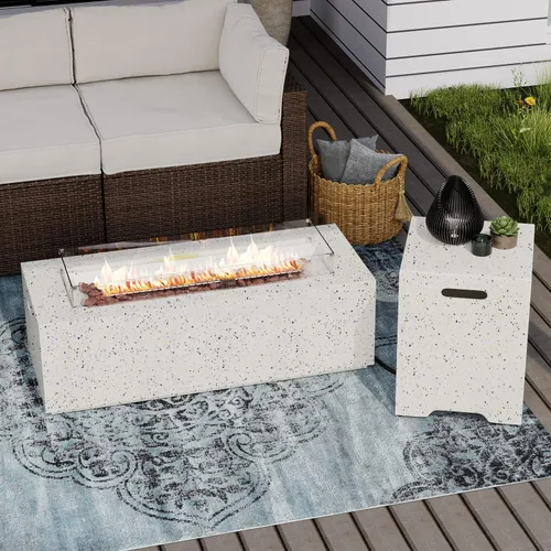 Vista 7 de SUNBURY Mesa de fuego de propano para exteriores de 42 pulgadas, mesa rectangular con tanque de 40,000 BTU, mesa de gas blanca manchada para patio