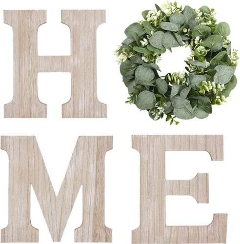 Vista 9 de Cartel colgante de madera con letras en inglés «HOME» (Hogar) con corona de eucalipto artificial para la letra «O», decoración de pared estilo Negro