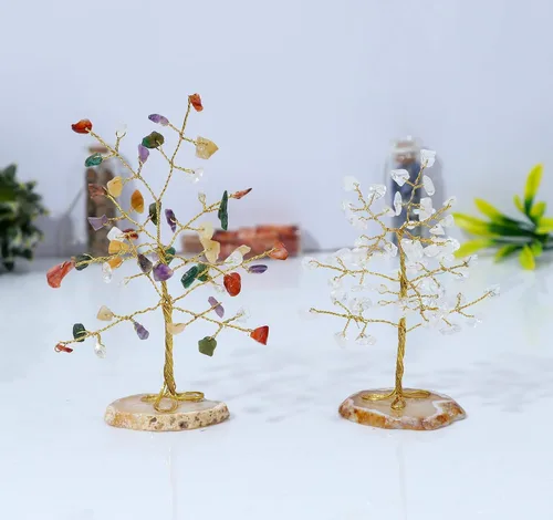 Vista 3 de Cuarzo transparente y mezcla de chakras, mini rebanada de piedras preciosas curativas naturales de cristal bonsái, árbol del dinero, Feng Shui