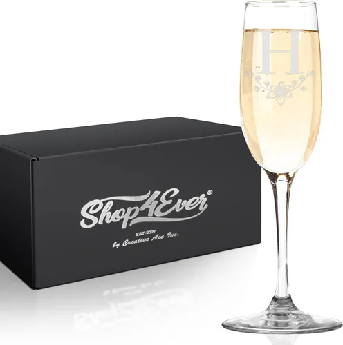 Vista 2 de Monograma Champagne Flauta Floral Inicial Grabado Láser 8 oz Vaso (H)