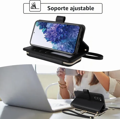 Vista 3 de Funda de Cartera para Samsung Galaxy S20 FE 5G de 6.5 Pulgadas con Correa para Muñeca, Billetera con Cremallera y más de 9 Ranuras para Tarjetas