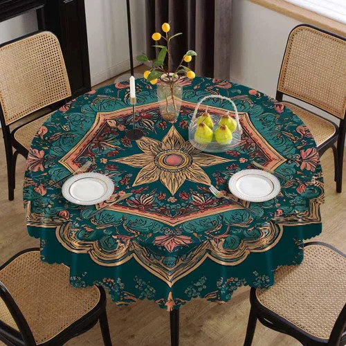 Vista 2 de IBILIU Mantel redondo de mandala floral retro, bohemio, estilo indio, patrón étnico de damasco, resistente al agua, de poliéster, mantel decorativo