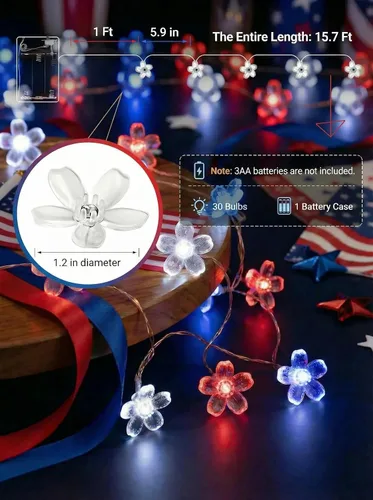 Vista 7 de Guirnalda de luces para interiores del 4 de julio, funciona con pilas, 30 luces LED de color rojo, azul, blanco, flor de cerezo, guirnalda de luces