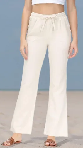 Vista 5 de Soojun Pantalones acampanados con cintura elástica y mezcla de lino para mujer