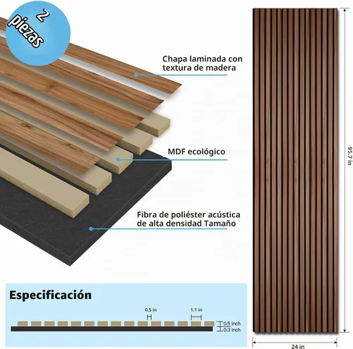 Vista 2 de Art3d Paquete de 2 paneles acústicos de listones de madera de 94.5 x 24 pulgadas para pared y techo - 31 pies cuadrados Panel acústico 3D estriado