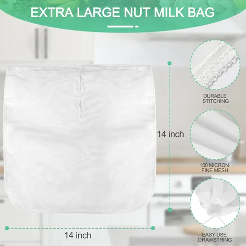 Vista 3 de Paquete de 3 bolsas de leche de nuez de 14 x 14 pulgadas, extra grandes, reutilizables, coladores de alimentos, bolsas de nueces para colar leche