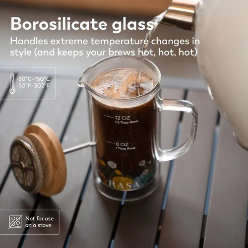 Vista 3 de Rasa - Cafetera de prensa francesa de 11.8 fl oz, vidrio de borosilicato de doble pared resistente al calor, sin BPA, 100% libre de plástico