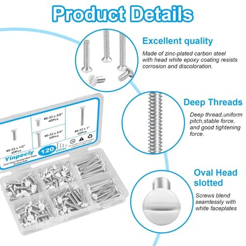 Vista 3 de Kit de 120 tornillos blancos para placas de pared, sujetadores de rosca #6-32 para cubiertas de tomacorrientes y placas de interruptores con 4