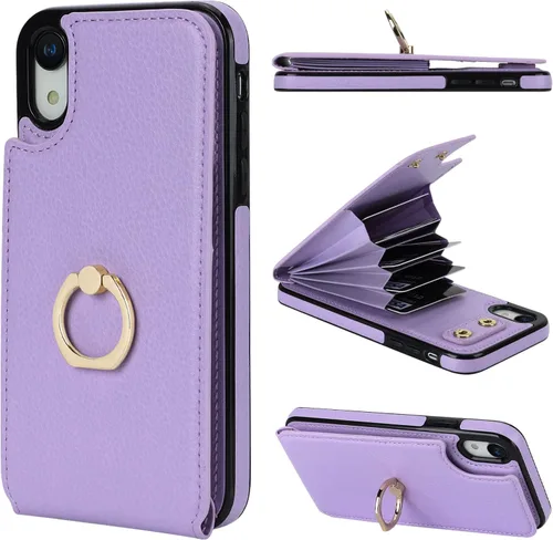 Vista 9 de Folosu Funda compatible con iPhone XR con soporte para tarjetas, rotación de 360°, soporte de anillo de dedo con función atril, bloqueo RFID, piel