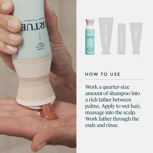Vista 8 de VIRTUE Champú de recuperación sin sulfato con queratina y aceite de semilla de baobab para cabello dañado, color seguro