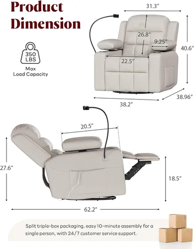 Vista 10 de Silla reclinable giratoria eléctrica con reposabrazos ajustables