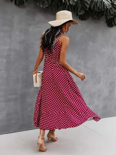 Vista 3 de BROVAVE - Vestido de verano 2023 para mujer, diseño informal, bohemio, con lunares, tirantes delgados, cuello en V, holgado y de largo por debajo