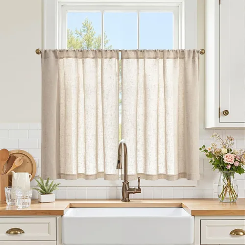 Vista 26 de Jinchan - Cortinas de cocina de lino rústico beige con bolsillo para barra, 26 x 36 pulgadas, 2 paneles