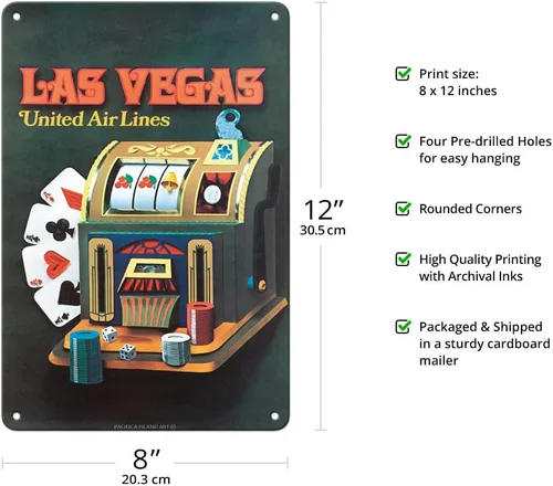 Vista 2 de Pacifica Island Art Las Vegas Nevada United Air Lines - Máquina tragamonedas - Póster vintage de viaje de aerolínea c.1972 - Cartel de metal vintage