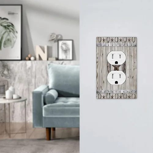 Vista 7 de Cubiertas de pared de estilo rústico occidental de madera puerta de granero herradura de hierro estrella placas de pared simple dúplex cubiertas