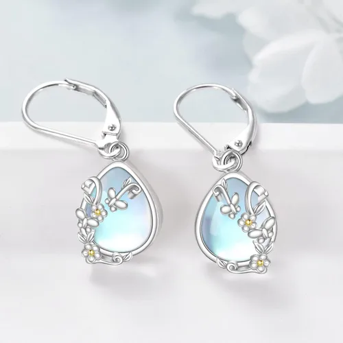 Vista 277 de Aretes colgantes con forma de lágrima de filigrana de piedra lunar de plata de ley 925 con cierre de palanca para mujer, regalos de joyería