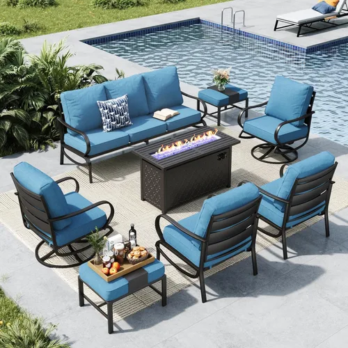 Vista 63 de MFSTUDIO Juego de 4 piezas de conversación para patio, marco de metal para todo tipo de clima, muebles de exterior con 1 mesa rectangular de propano
