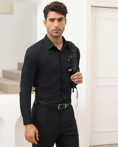 Vista 7 de Lusead Camisa de vestir de alta elasticidad para hombre, sin arrugas, manga larga, ajustada, casual, con botones