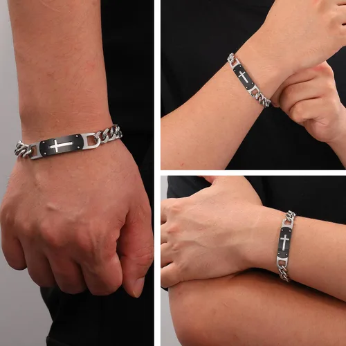 Vista 2 de Pulsera de cruz para hombres y niños, pulsera de cadena de cruz cubana de acero inoxidable, versículo de la Biblia, regalo de joyería cristiana