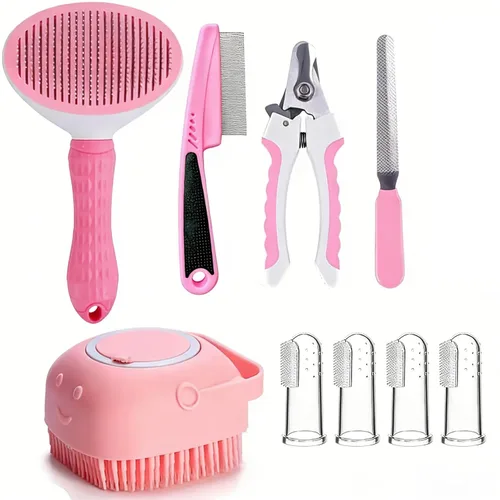 Vista 3 de Cat Dog Grooming Set Self Cleaning Brush Nail Clippers Files Flea Comb Shampoo Finger Toothbrush Storage Bag 9pcs Blue Multicolor