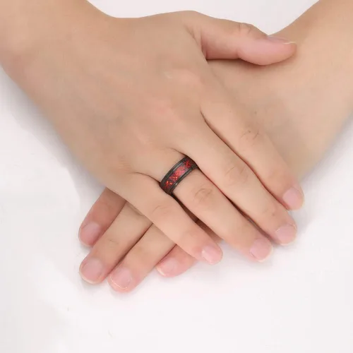 Vista 4 de Corato Anillos de tungsteno para hombre, 0.315in, dragón celta negro y ópalo rojo, dos tonos, carburo de tungsteno, borde escalonado, ajuste cómodo