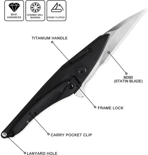 Vista 2 de Petrified fish PFE10 - Cuchillo plegable para colibrí, hoja de satén M390 de 1.06 pulgadas, mango de titanio de 1.05 onzas, cuchillo de bolsillo