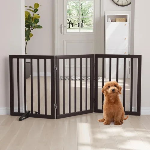 Vista 17 de Semiocthome Puertas de bambú para perros para interiores, puertas independientes de 2 paneles para cachorros para la casa con 2 soportes de metal