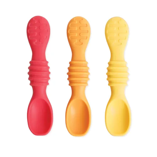 Vista 8 de Bumkins Juego de utensilios para bebé, cucharas de entrenamiento de silicona para sumergir, punta suave, autoalimentación, masticar, destete LED