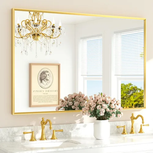 Vista 64 de TETOTE Espejo de baño dorado cepillado de 20" x 30", espejo de tocador de baño rectangular de latón dorado cepillado con marco biselado para sobre