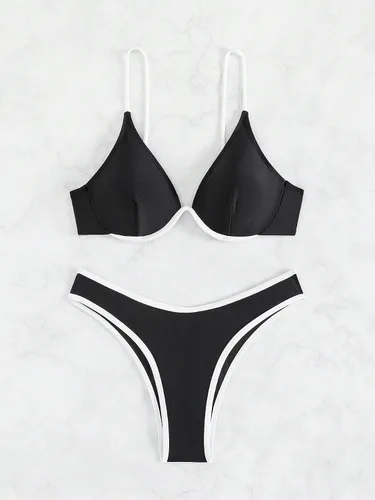Vista 6 de MakeMeChic Conjunto de bikini de 2 piezas de corte alto con aros para mujer, con tirantes delgados, traje de baño push up