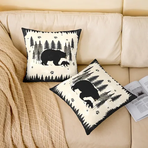 Vista 2 de Cartoon Bear Pillow Cover Cute Wild Animal Paw Print Cushion Cover for Kids Boys Girls Teens Jungle Pine Trees Silhouette Cabin Pillow Case for