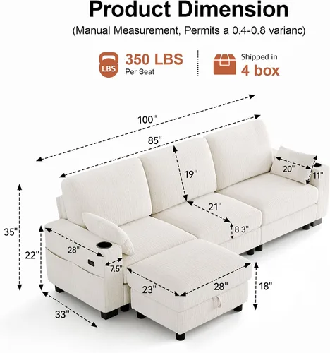 Vista 2 de Vipbear Sofá modular seccional, sofá de chenilla cómodo en forma de L de Marfil