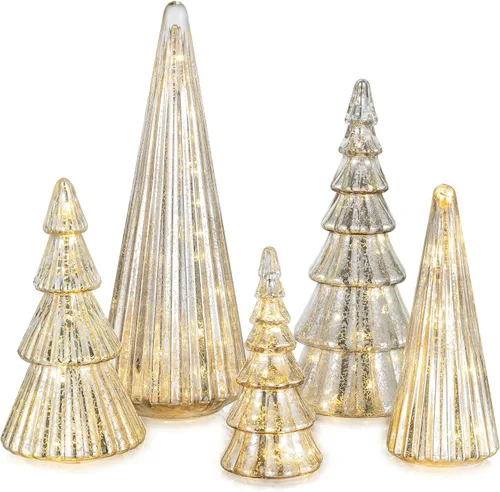 Vista 12 de Glasseam Centros de mesa de Navidad dorados para mesa: juego de 3 árboles de Navidad de vidrio de mercurio con luces, árboles de Navidad de mesa