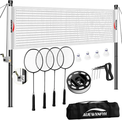 Vista 9 de Juego de bádminton portátil, red resistente para exteriores con 4 raquetas, 3 volantes y línea de límite para juegos familiares de patio trasero