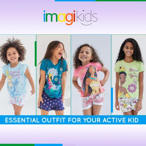 Vista 6 de Disney Frozen Moana Princess Tiana - Conjunto de camiseta floral y pantalones cortos de rizo francés para niños pequeños y grandes