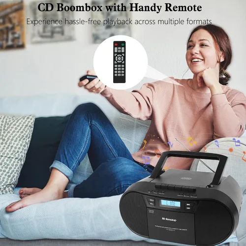Vista 8 de Boombox Reproductor de CD Portátil, Combo Reproductor de Casetes con CD MP3 Bluetooth AUX TF USB Radio FM Alimentado por AC/DC, Caja de Boom