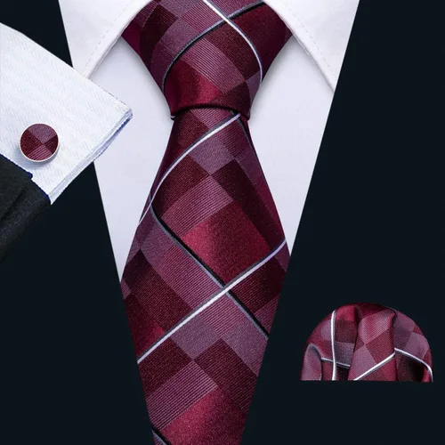 Vista 3 de Barry.Wang Juego de corbatas a cuadros para hombre con pañuelo gemelos de rayas clásicas